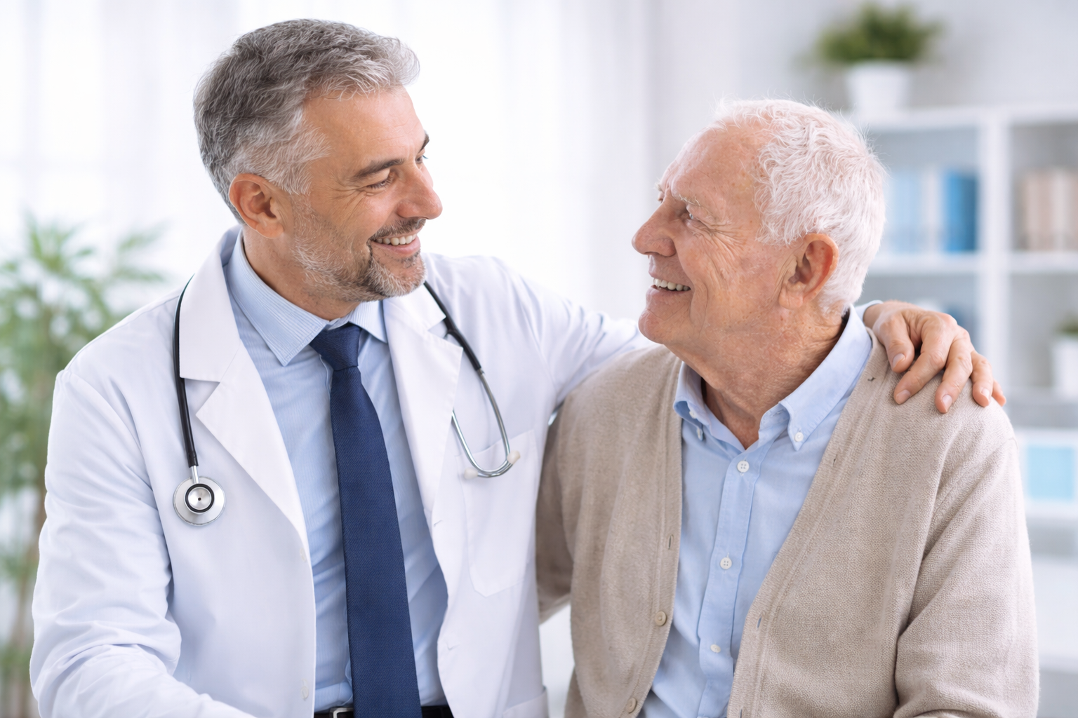 Due mani guantate di blu tenute contro un muro bianco.