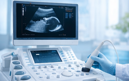 Ecografo che mostra un'ecografia fetale, sonda manuale in un contesto clinico.