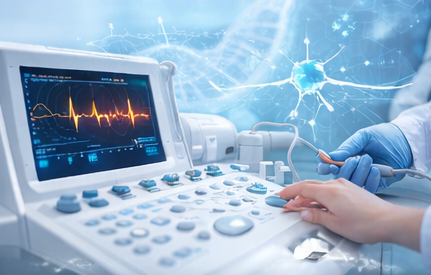 Apparecchiatura medica azionata da una mano, che mostra una forma d'onda e un diagramma dei neuroni.