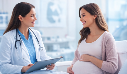 Una donna incinta parla con un medico, entrambi sorridenti in uno studio medico. Il medico tiene in mano una cartellina.
