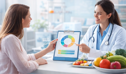 Il dietologo indica un grafico a torta alimentare, mentre consulta un paziente in ufficio. Frutta e verdura sul tavolo.