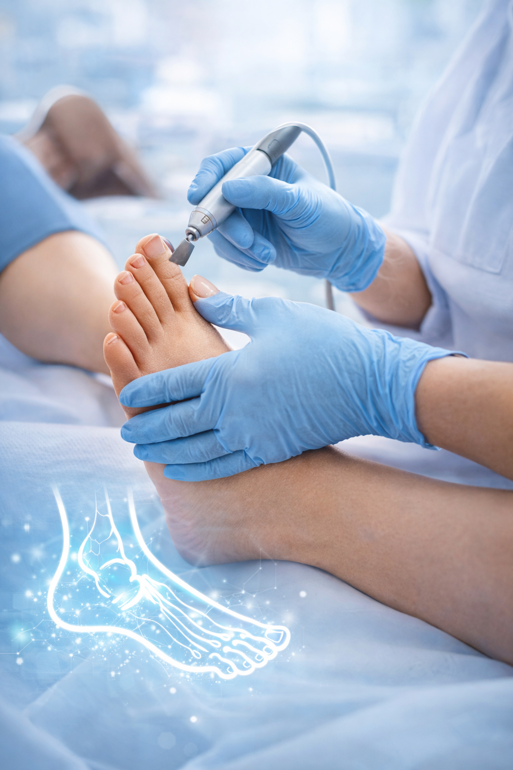 Piede di una persona trattato con uno strumento per la cura dei piedi, guanti blu, lenzuola blu e un'illustrazione luminosa dello scheletro del piede.