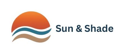Logo for Sun & Shade featuring an orange sun rising over three blue and tan wavy lines, with text reading 