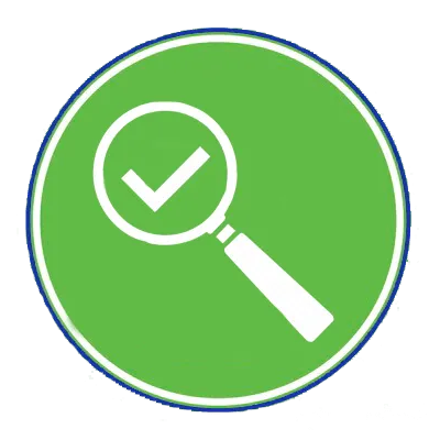 A magnifying glass with a check mark inside of it in a green circle.