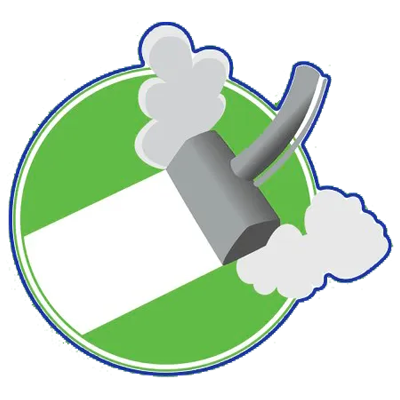 A green circle with a vacuum cleaner and smoke coming out of it.