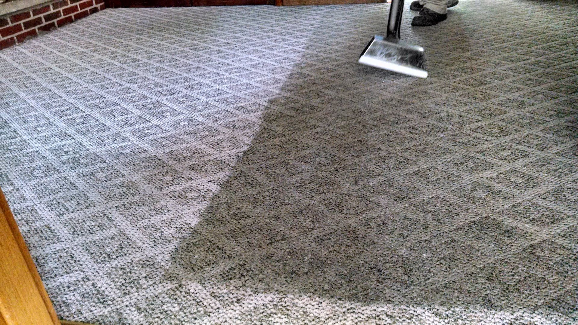 A person is cleaning a carpet with a vacuum cleaner.