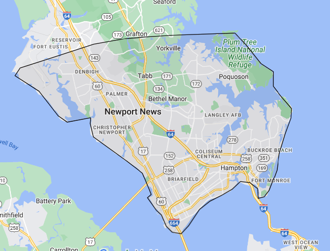 A map of newport news is shown on google maps
