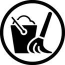 A black and white icon of a bucket and mop in a circle.