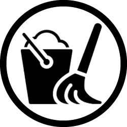 A black and white icon of a bucket and mop in a circle.