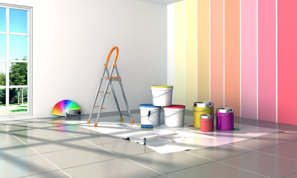 A room is being painted with buckets of paint and a ladder.