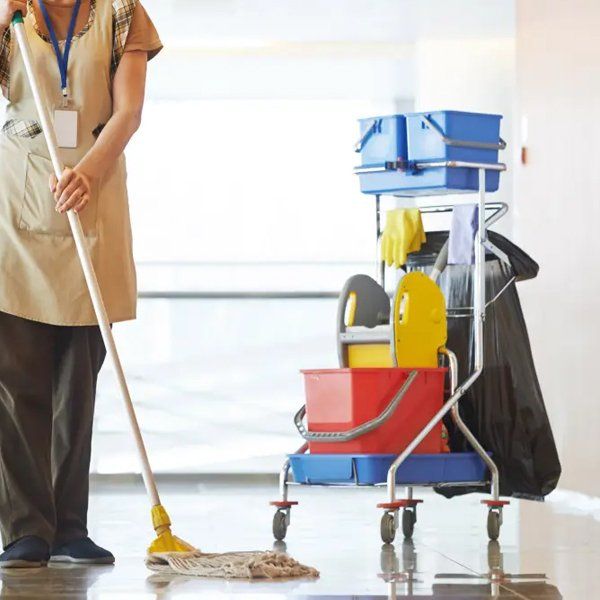 A woman cleaning a floor with a mop and buckets