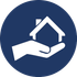 A hand is holding a house in a blue circle.
