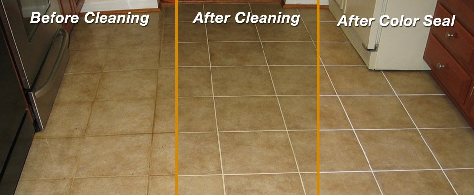 A before and after picture of a tile floor