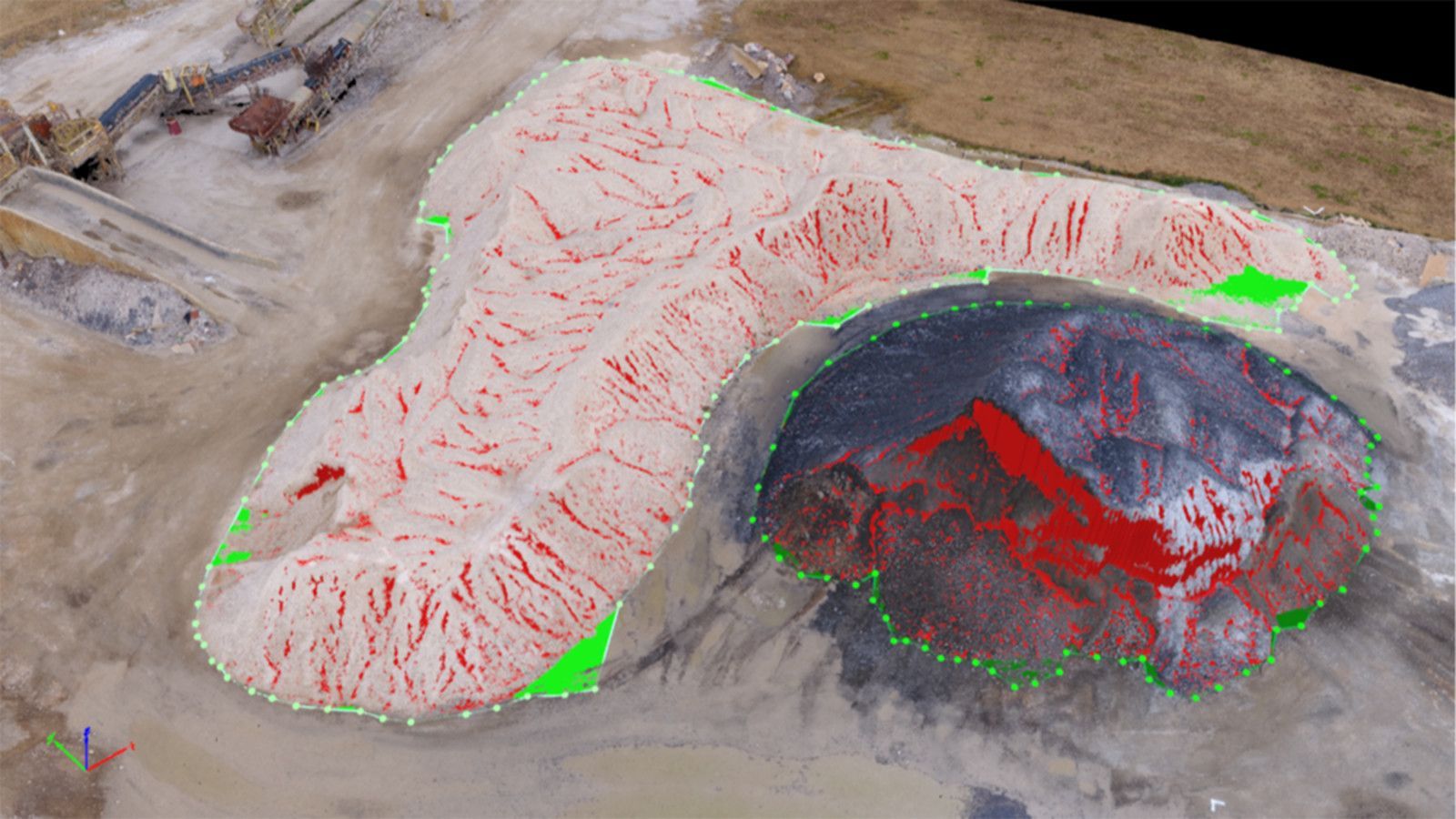 A 3d model of a mountain with a red and green circle around it.