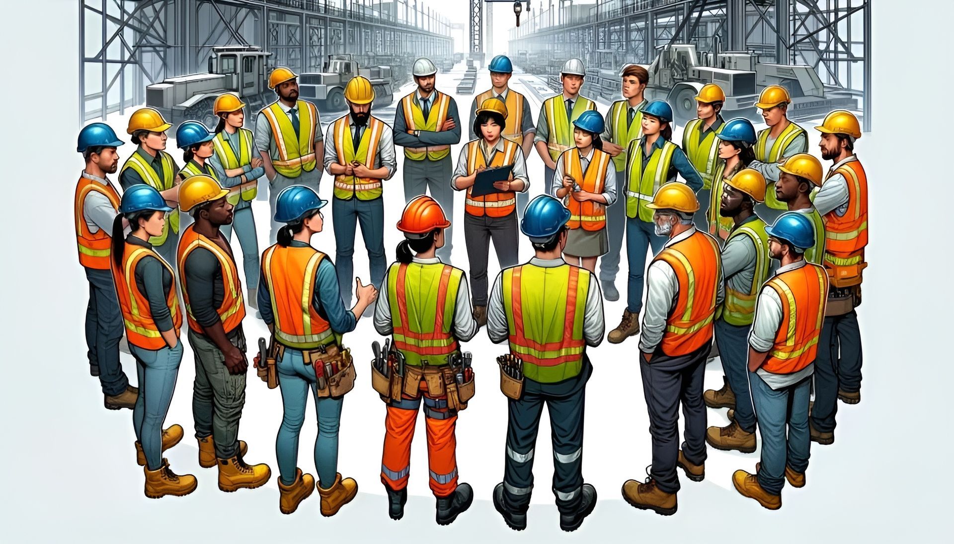 A group of construction workers are standing in a circle.