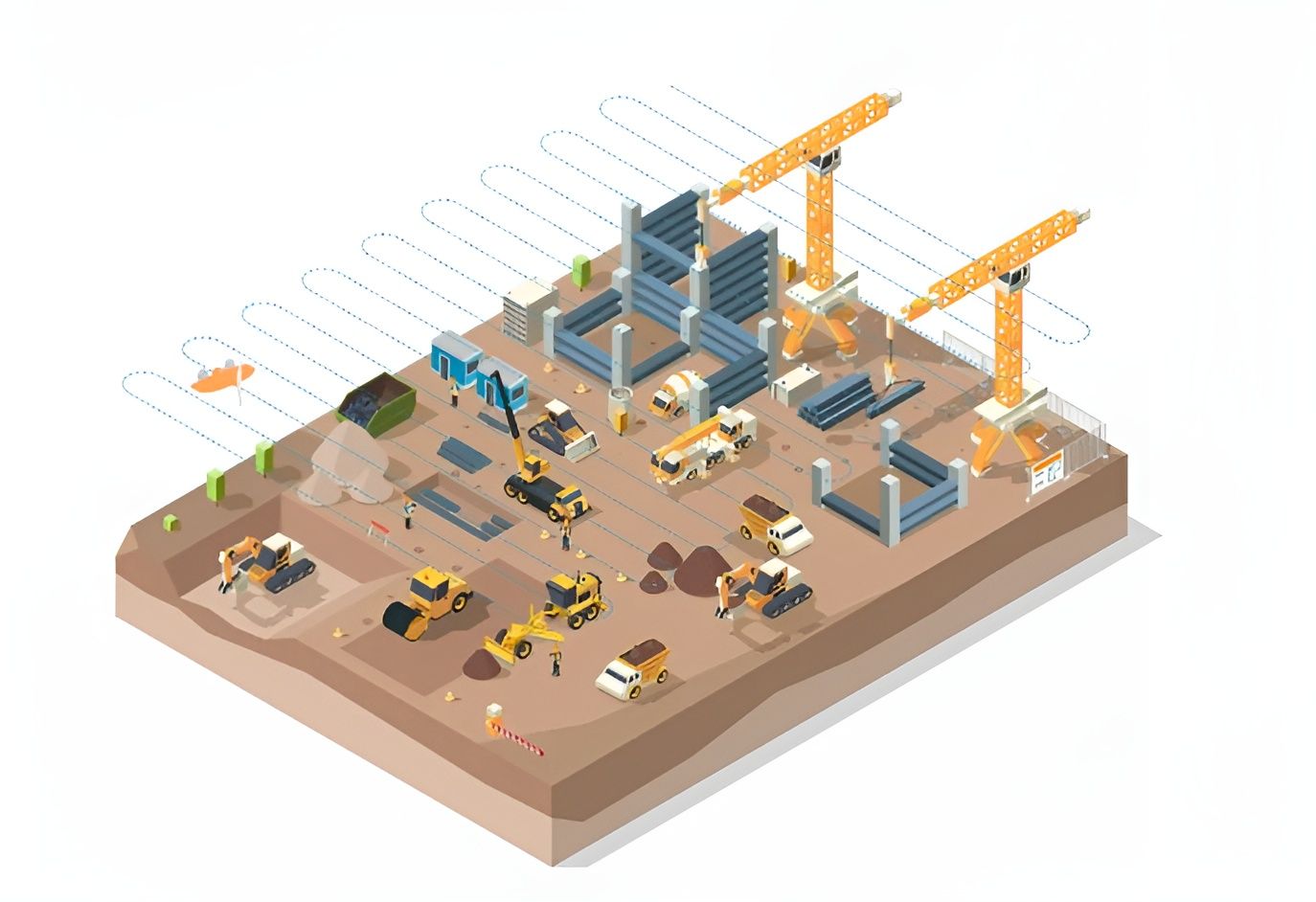An isometric illustration of a construction site with a lot of machinery.