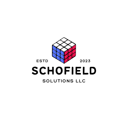 A logo for Schofield Solutions LLC with a Rubik 's cube on a white background.