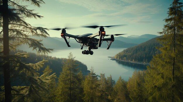 A drone is flying over a lake in the woods.