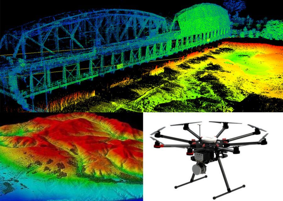 A bridge , a mountain , and a drone are shown in a collage.
