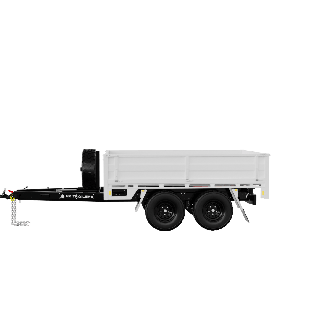 Design of 4.2m by 2.4m Flat Top Trailer with tandem axles, Headboard, Drawbar toolbox, and High-Volume Extender Dropsides.