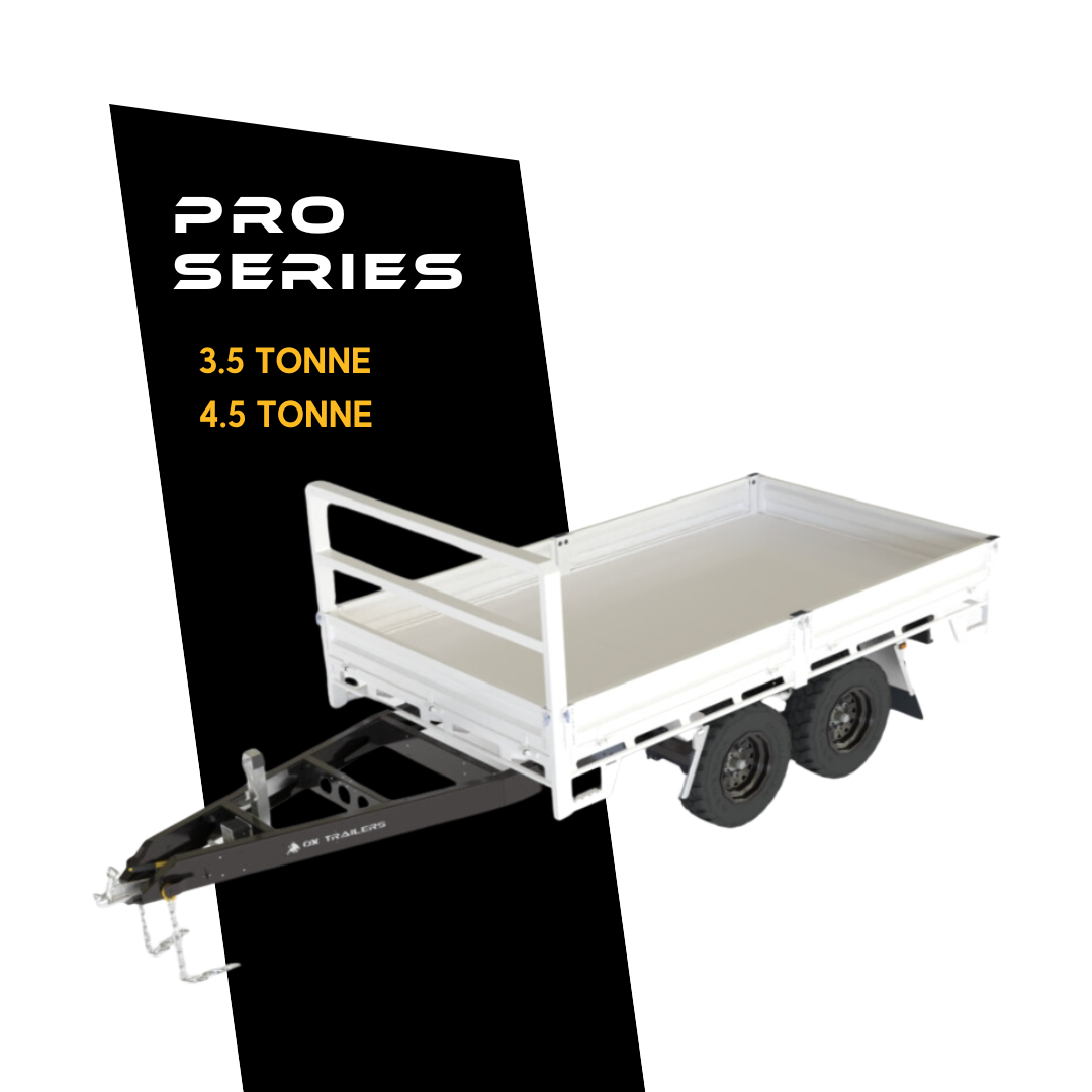 Ox trailers Pro Series 4.5-tonne flat top trandem axle trailer, heavy-duty, australian-made flat deck trailer designed for trades, builders and machinery transport.