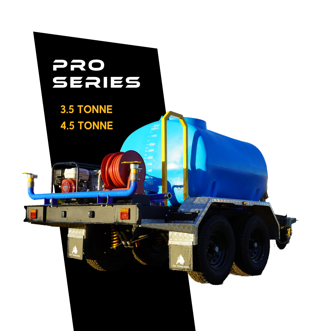 Ox trailers 3.5-tonne water trailer tandem axle 2000 litre water tank and pump for councils and land maintenance.