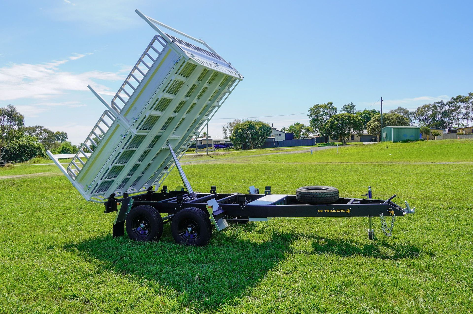 A standard 3.0m x 2.1m ox trailer trade series flat top trailer at farm.
