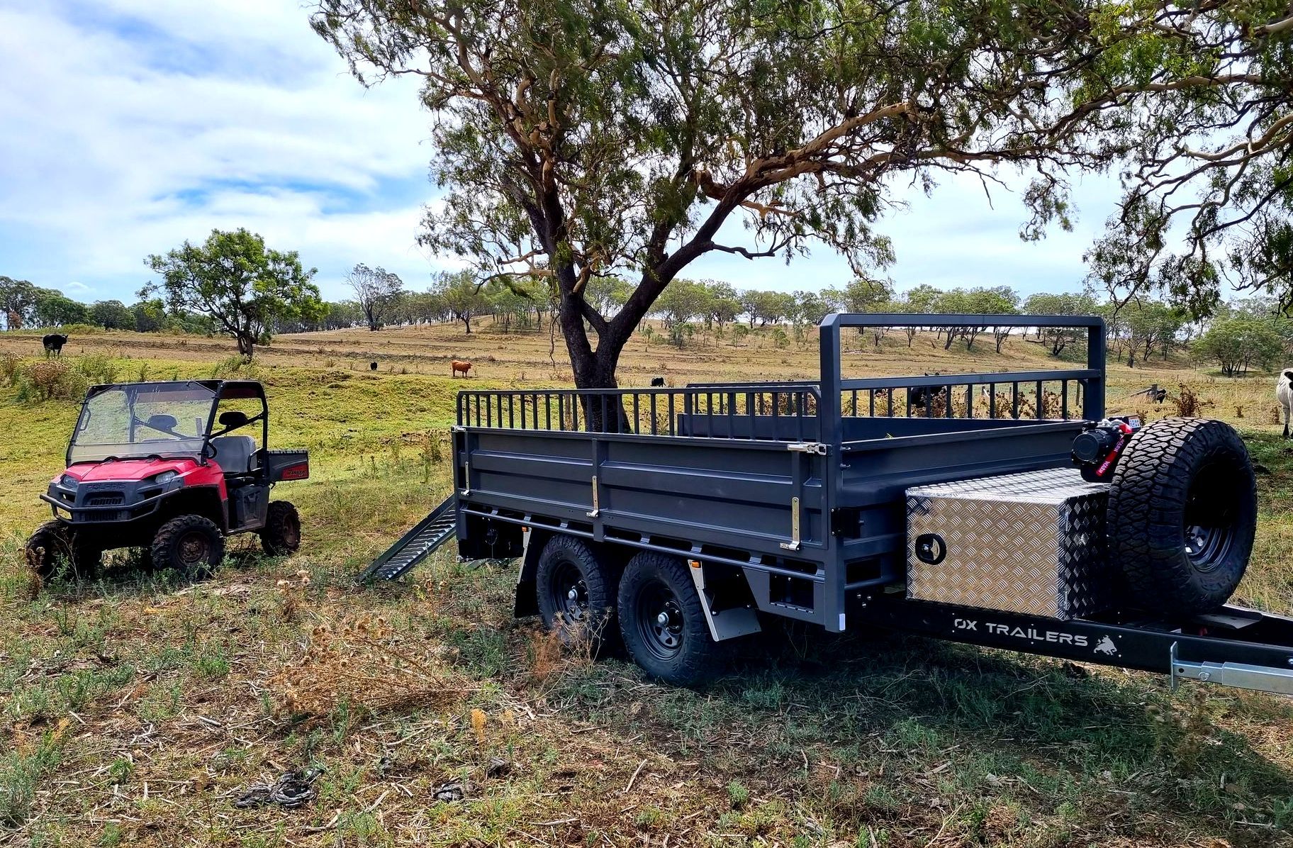 4.2m x 2.4m 3-Way Tipper at Farm with High-Volume Extender Dropsides and Drawbar toolbox