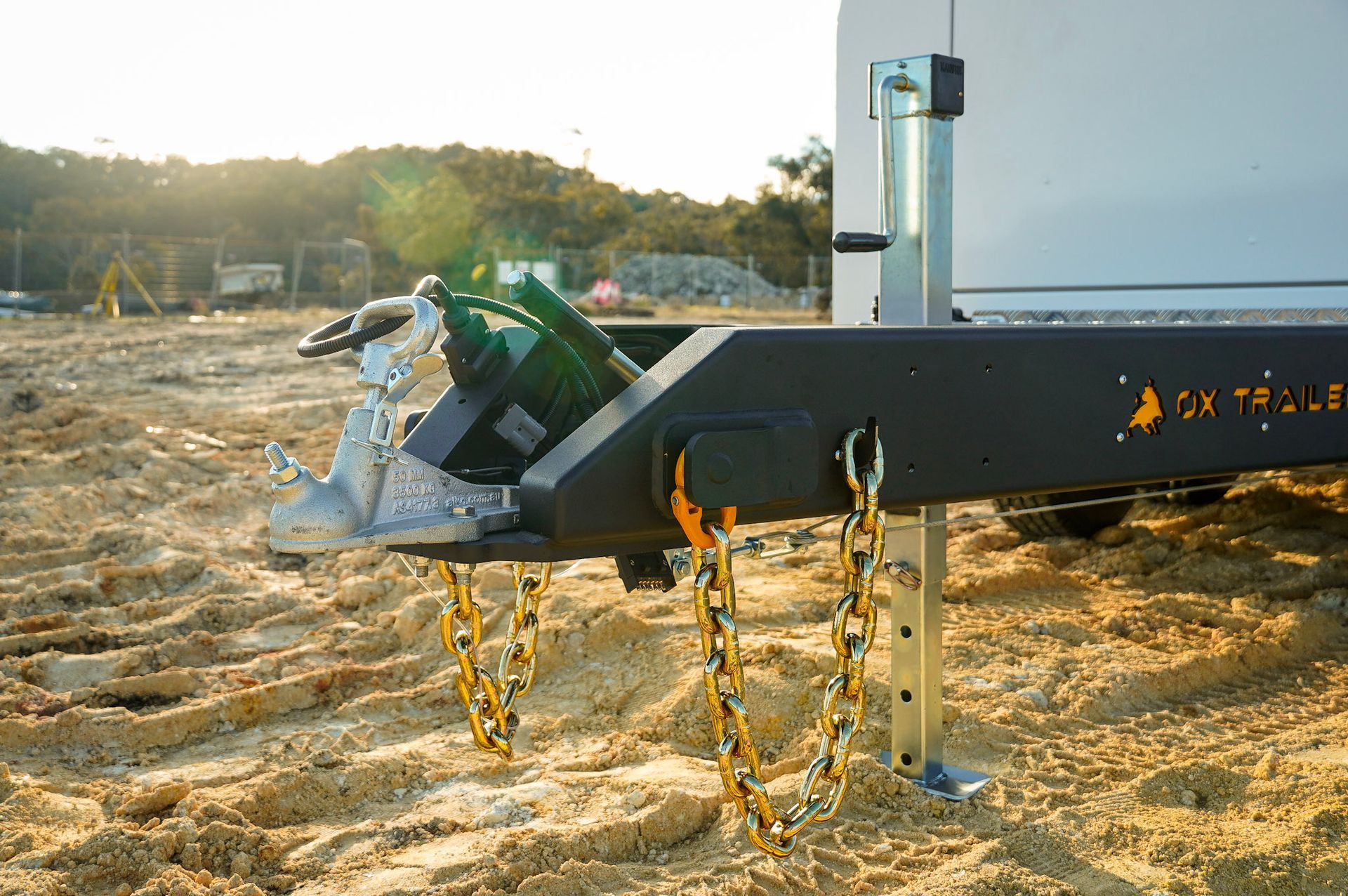 Heavy-duty ox trailers drawba with secure 50mm coupling, safety chains and jack stand designed for mine sites australia wide.