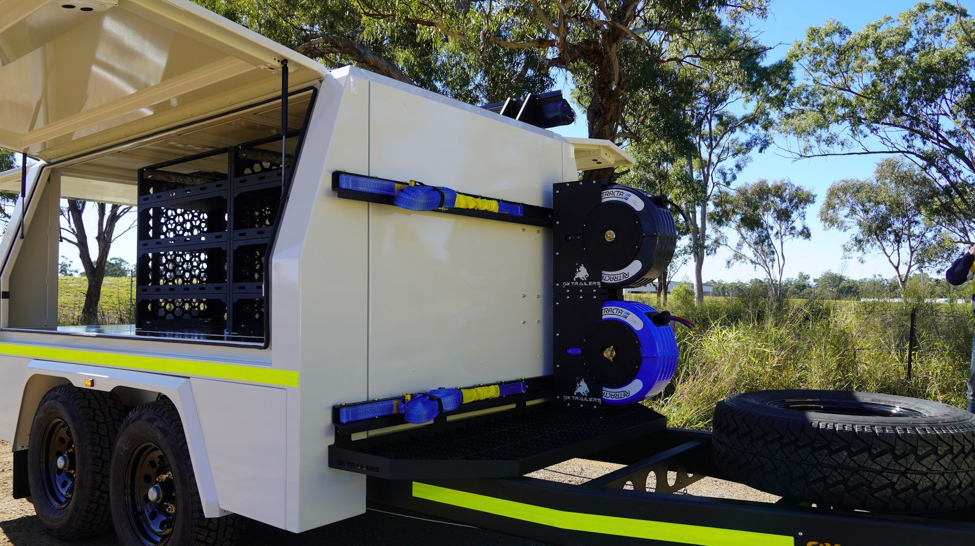 Heavy duty gas bottle storage on drawbar of custom ox trailers service trailer for wasco energy