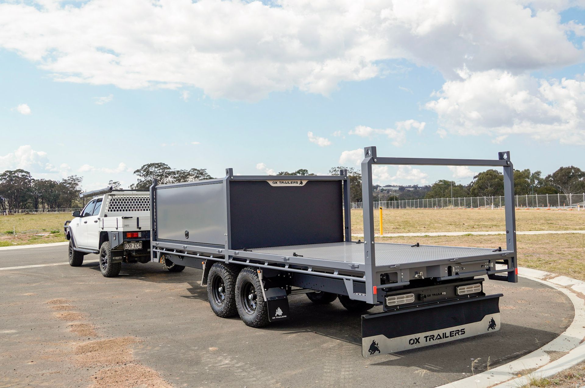 the three removable ladder racks on the 6m long tray of an ox flat top trailer.