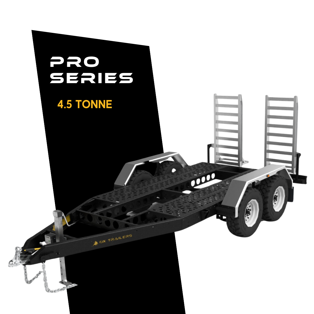 Ox Trailers Pro series 4.5-tonne plant trailers, engineered for heavy duty transport of machines up to 3.5-tonne