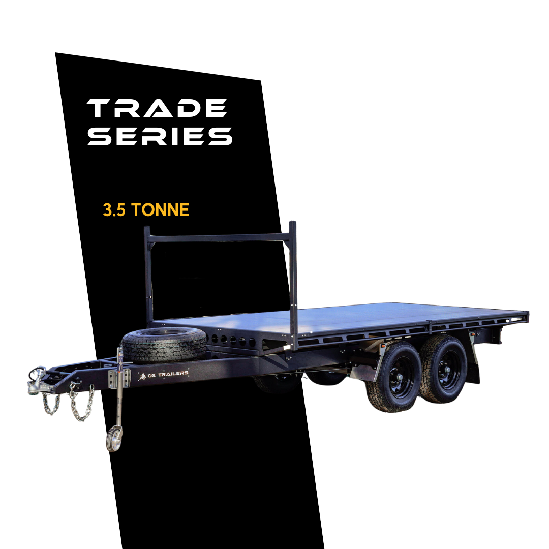 Ox Trailers Trade Series 3.5 tonne flat top tandem axle trailer, heavy-duty Australian made work trailer designed for trades, builders, and machinery transport