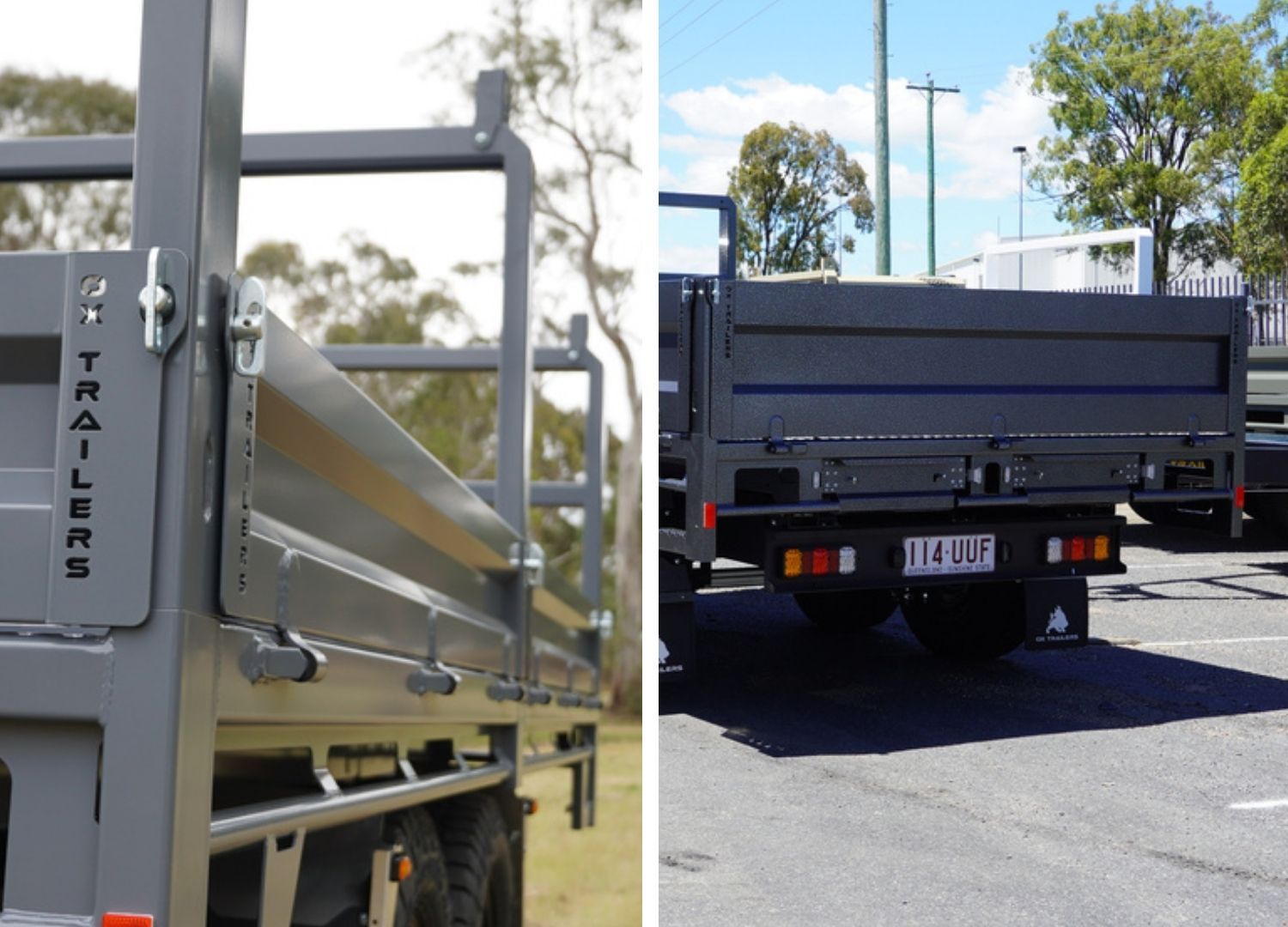 To oxtrailers  by side showing standard 250gh dropsdes and xten450mm high dropsides