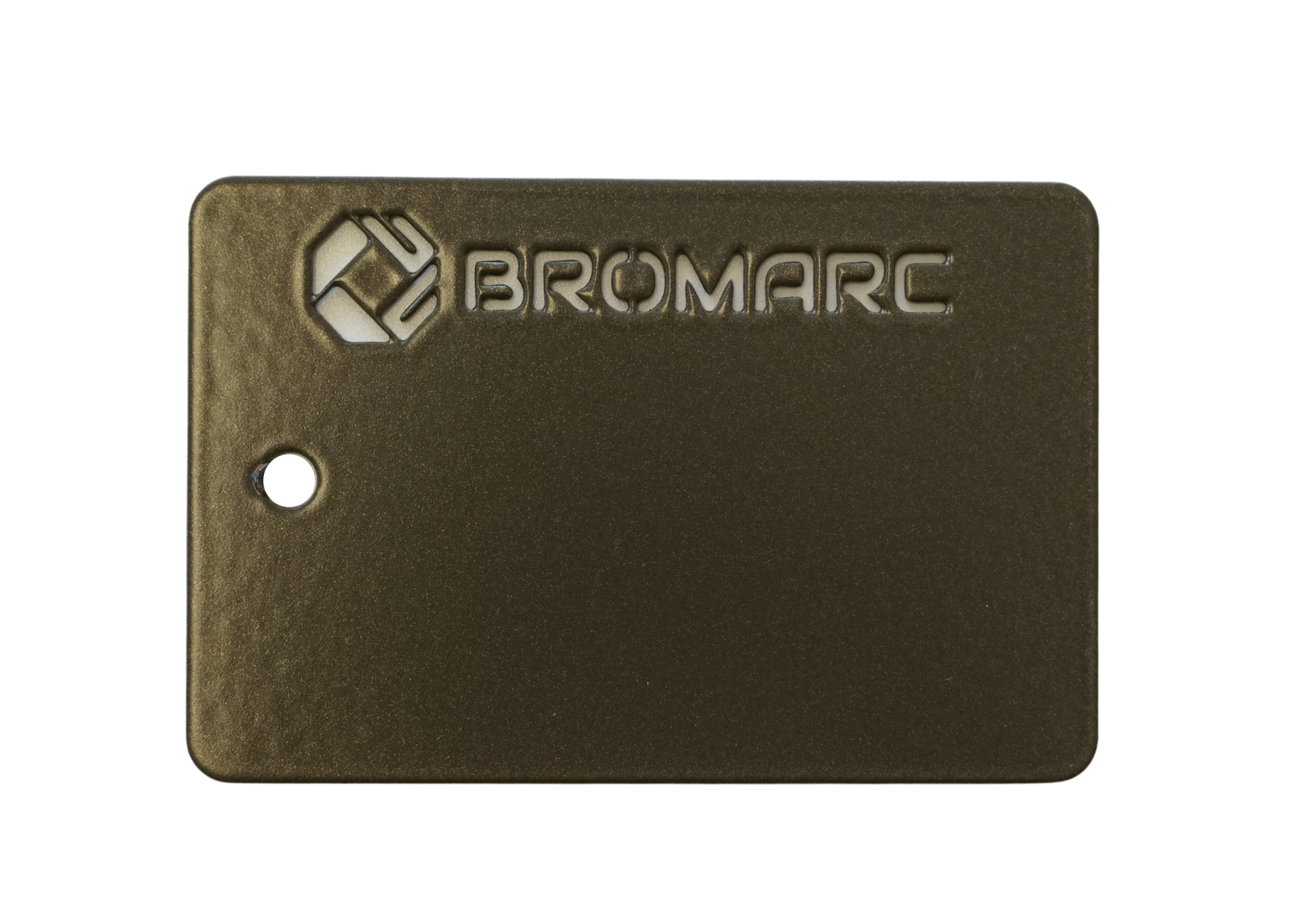 A colour sample from Bromarc Manufacturing which is called Anodic Bronze Pearl and has a gloss finish.