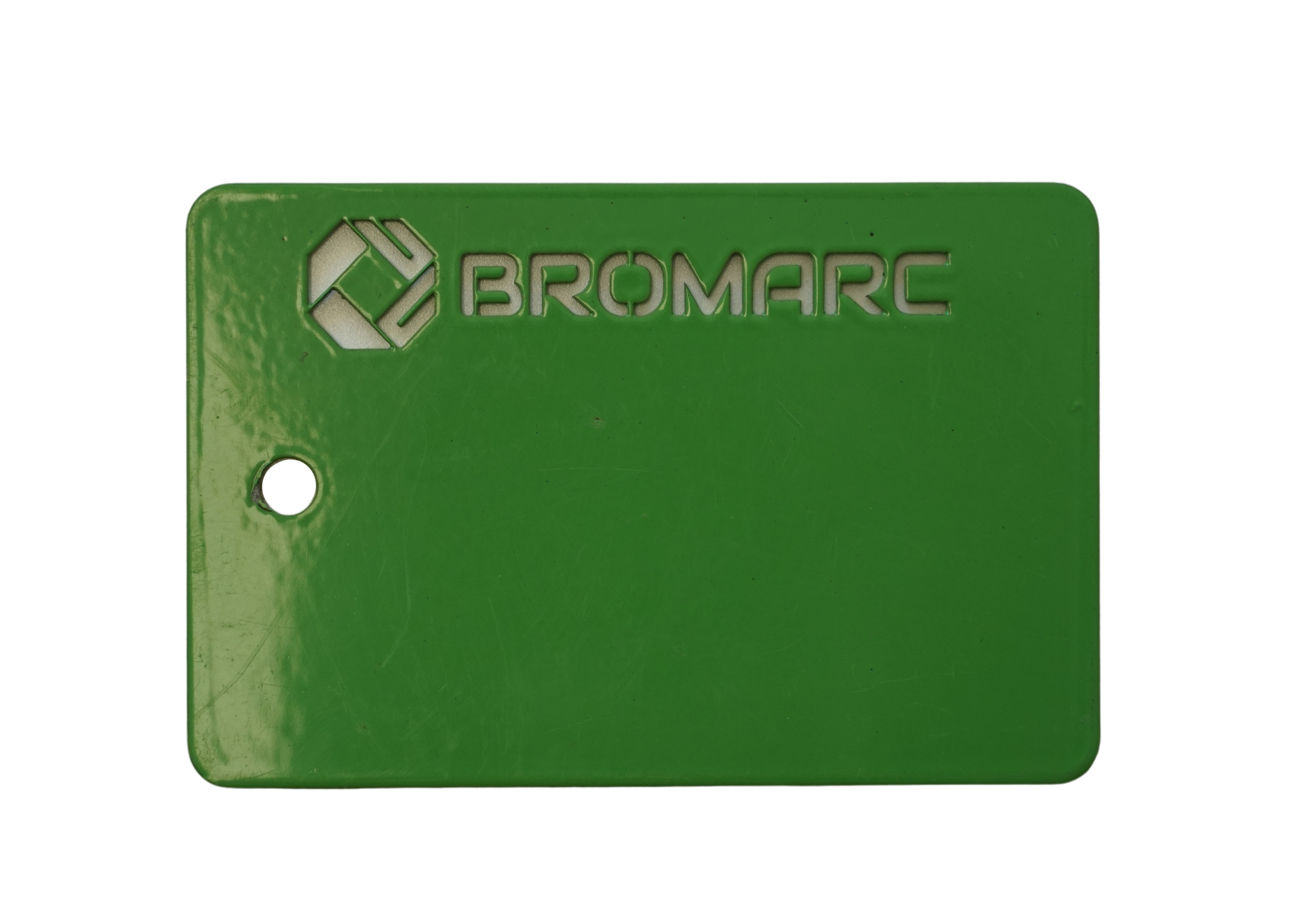 A colour sample from Bromarc Manufacturing which is called Apple Green and has a gloss finish.