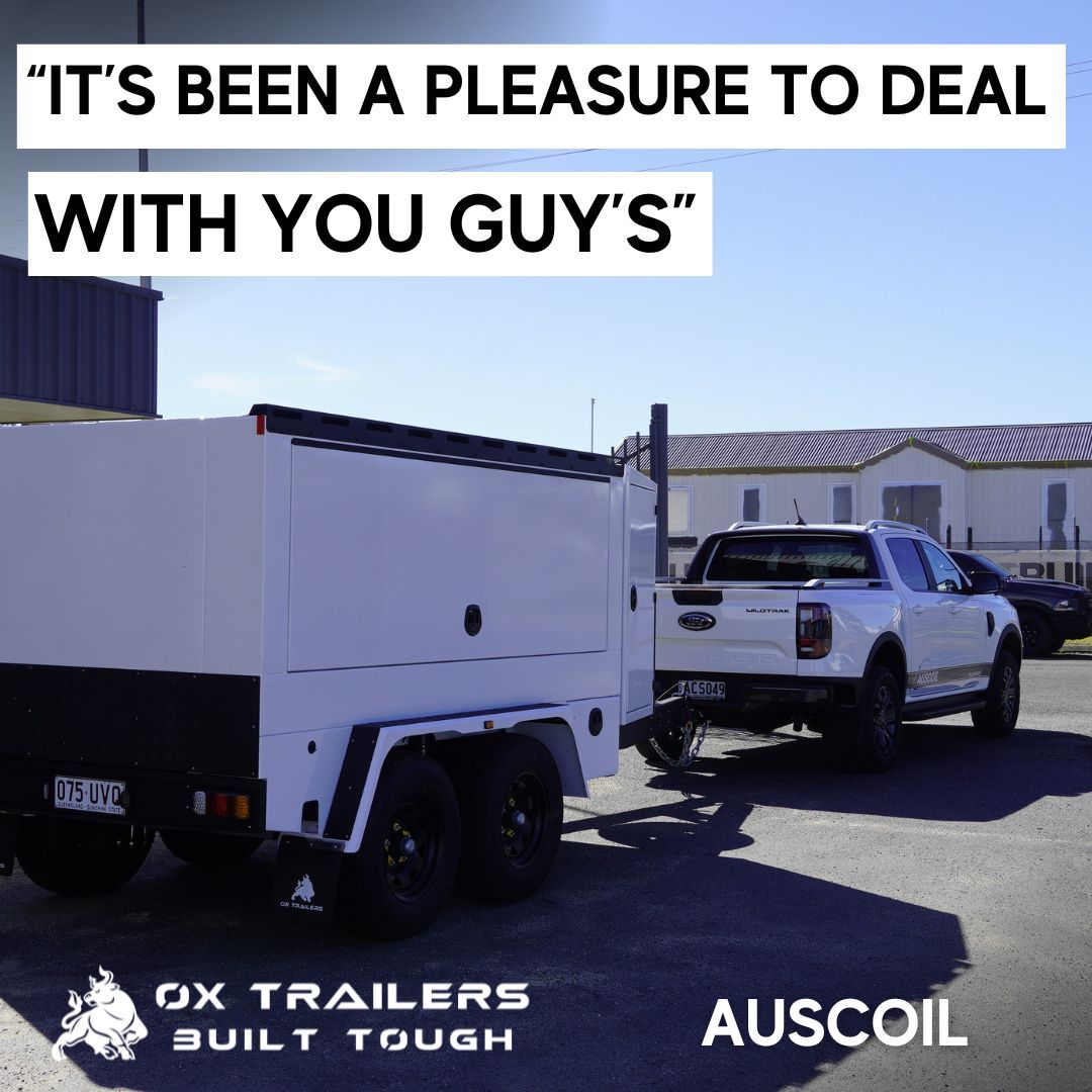 Heavy-duty flat top trailer with 6m tray, ladder racks and canopy with maxxis razr tyres, custom built by ox trailers for Gee building who says they 'really cannot recommend them enough'