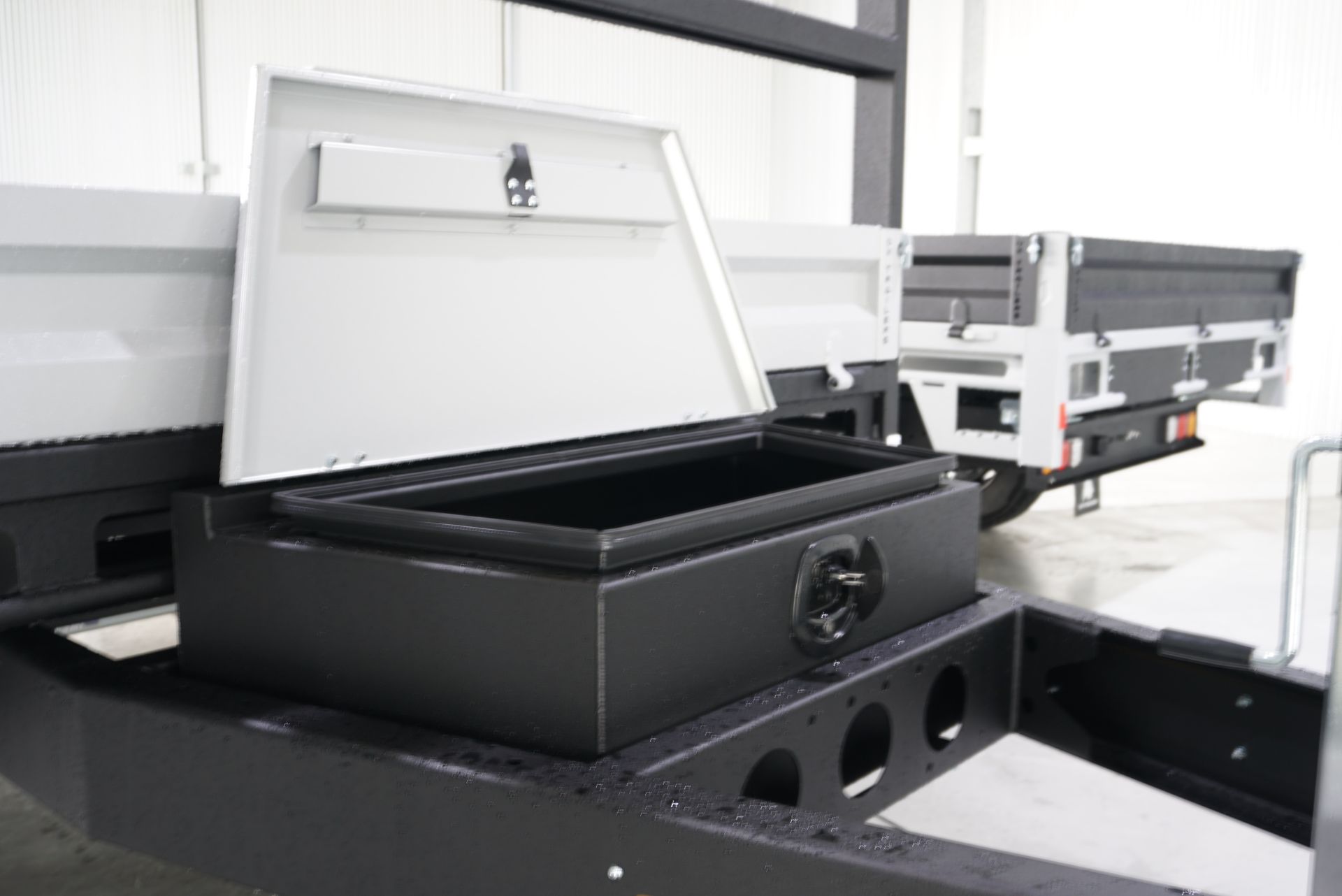 Drawbar Toolbox for Flat Top Trailer, installed and ready to use.