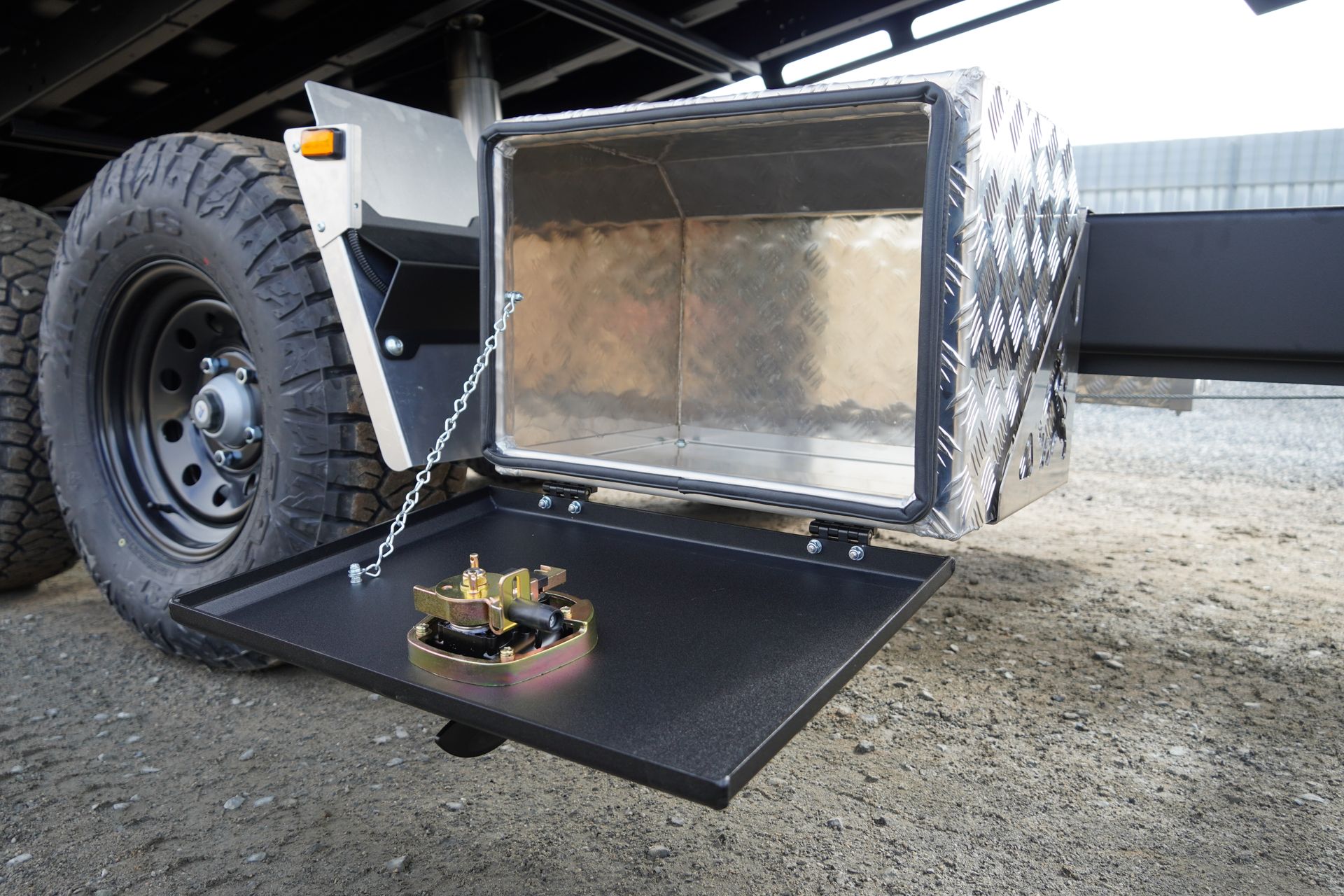 One of the drawbar toolboxes on King of Spades Excavation's Rear tipper trailer.