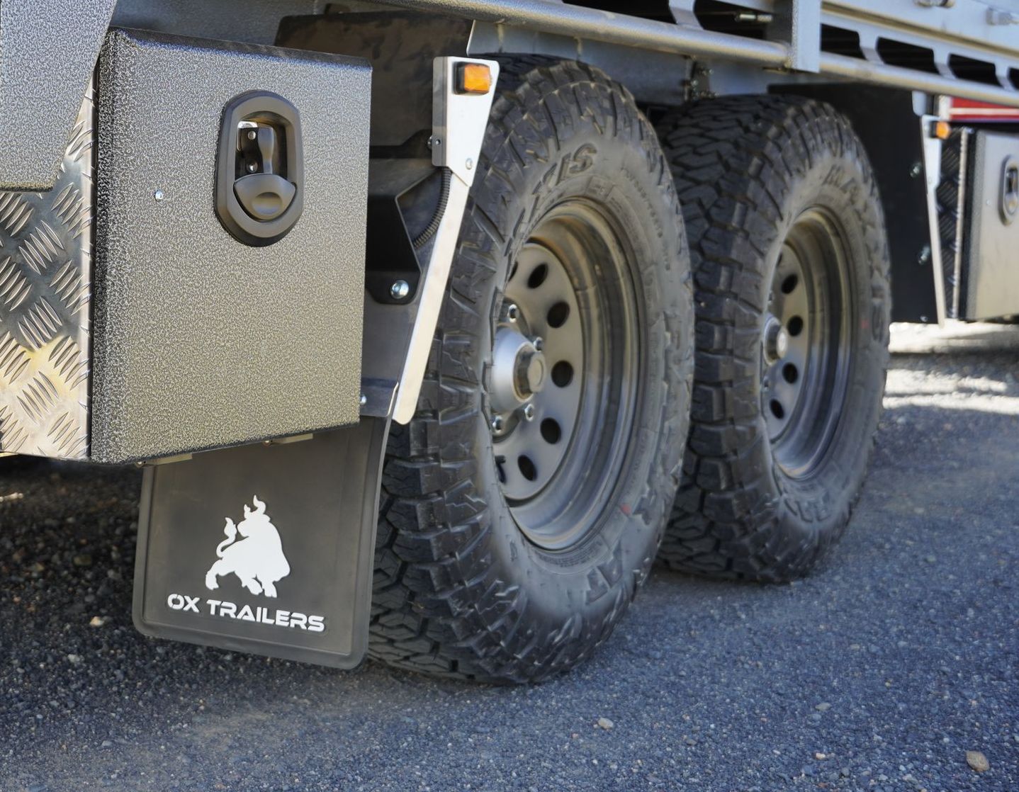 The maxxis razr tyres of Tom Clarkes 3.5t atm flat top trailer.