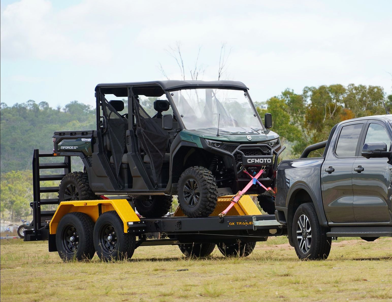 Plant Trailer carrying a  CFMOTO off road vehicle. 4.5-tonne ATM Plant Trailer for Equipment and Plant Transport.