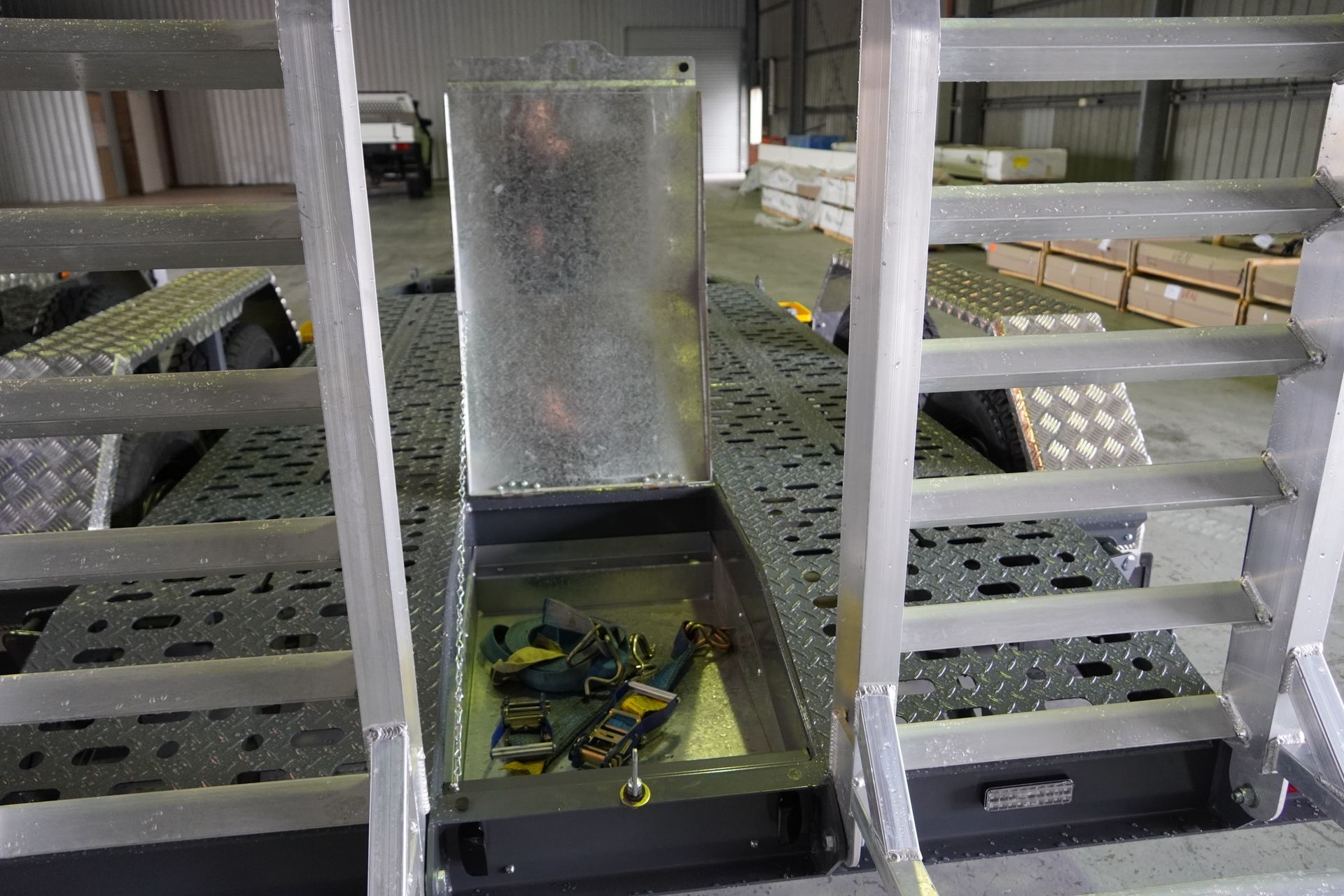 Strap box at rear of Plant Trailer, used for storing straps and chains