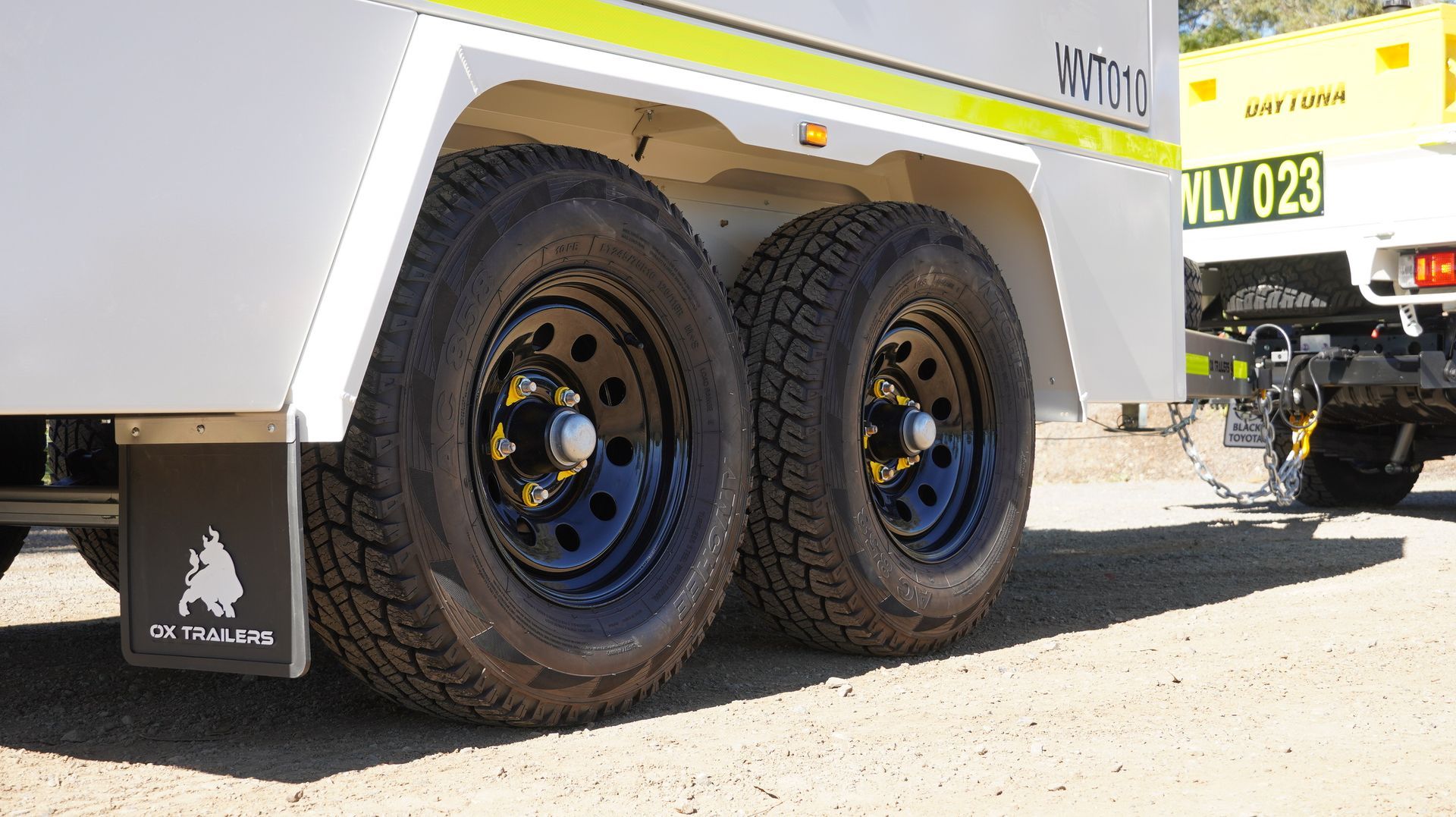 heavy duty off road service trailer wheels and rims built by ox trailers for the mine site.