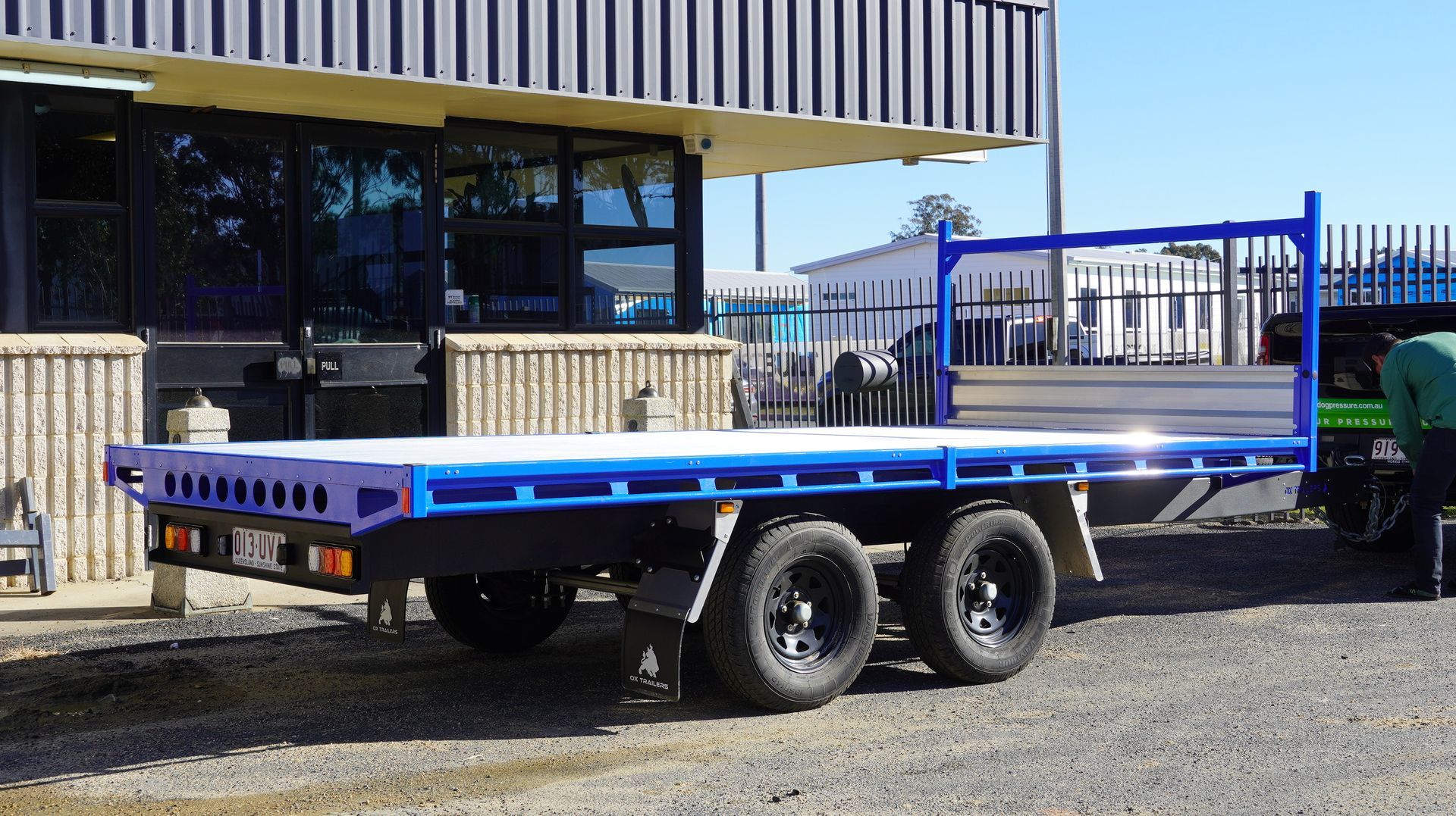 3.5t trade series ox trailer towed behind ram 1500 for gas and pressure testing, flat top trailer for civil work.