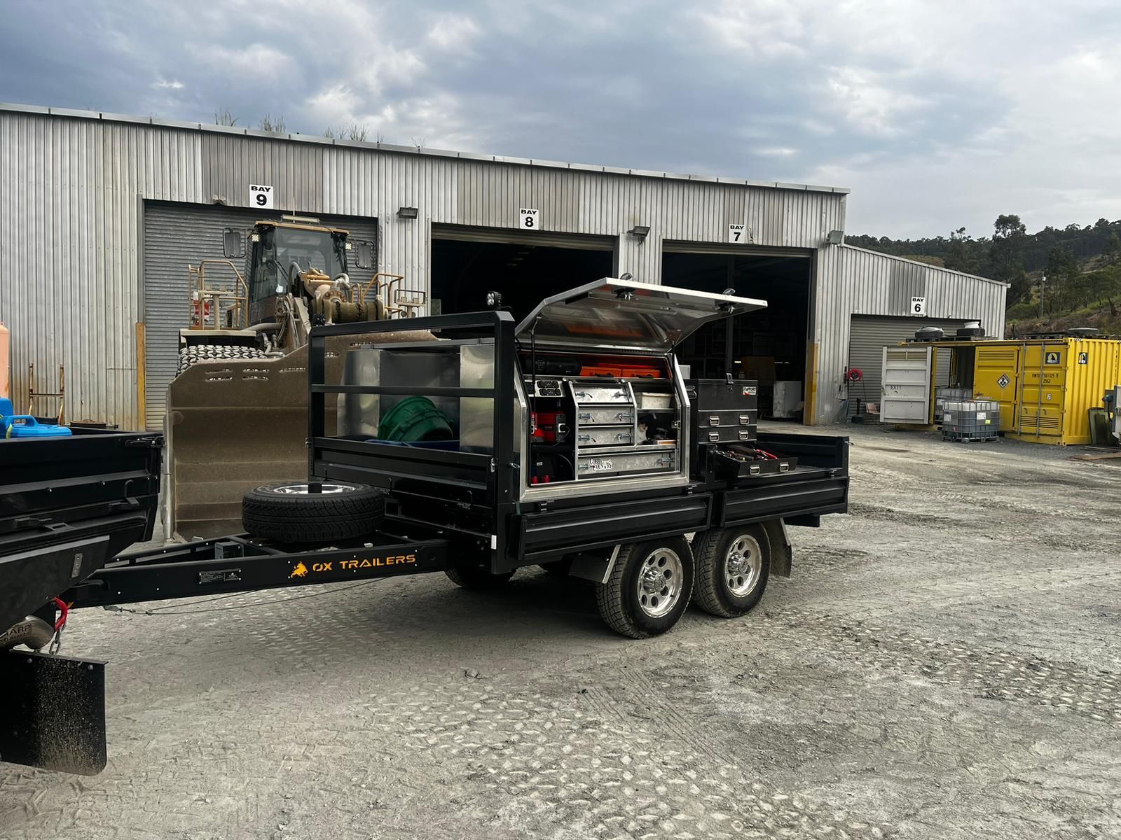 Mining trailer for mobile welder with signwriting, gas fittings and toolboxes