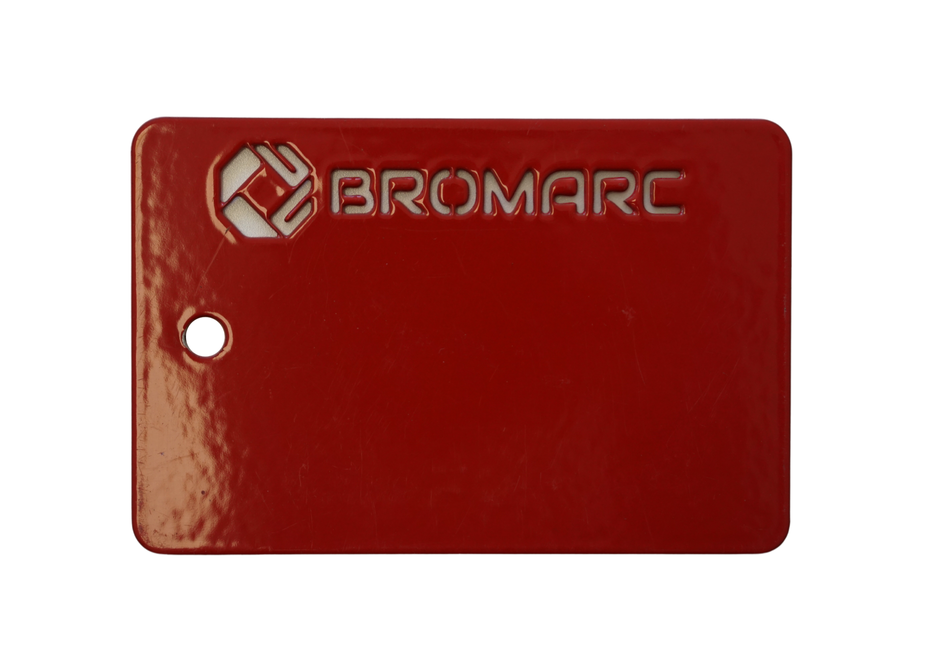 A colour sample from Bromarc Manufacturing which is called Flame Red with Gloss finish.