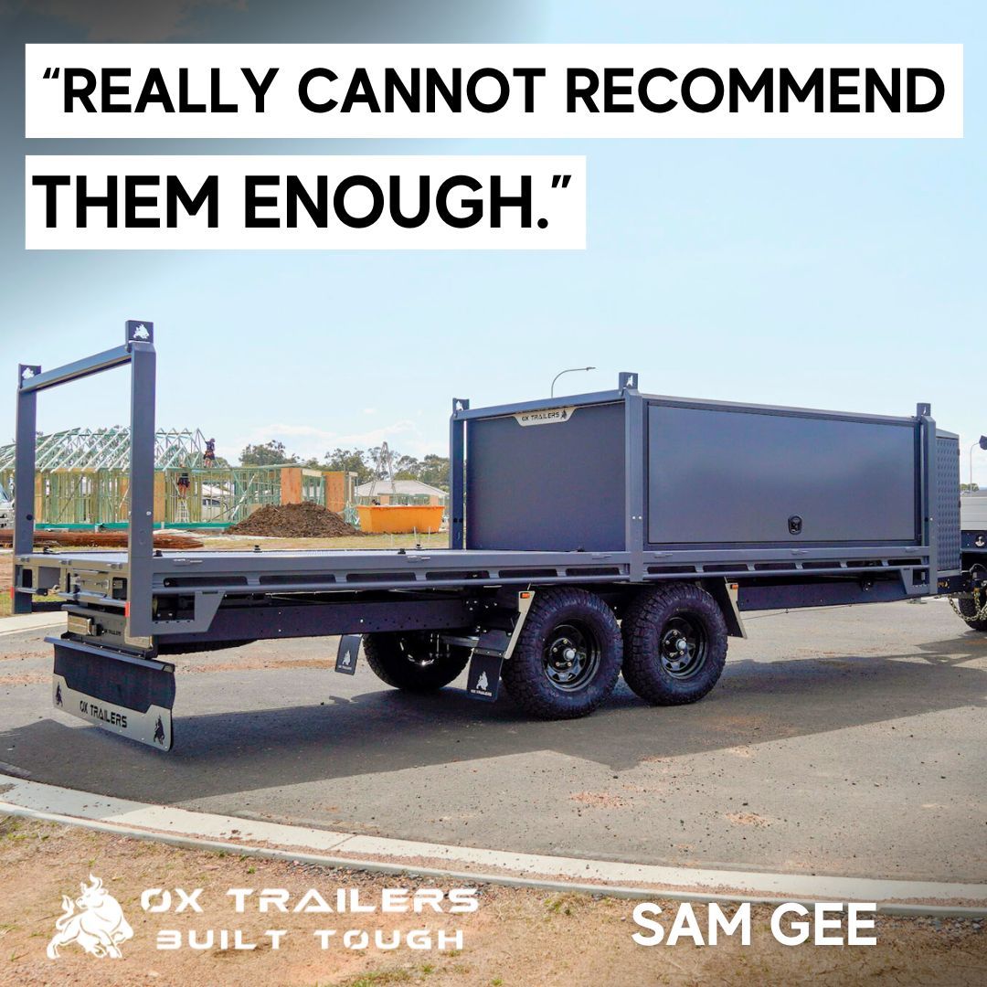 Heavy-duty flat top trailer with 6m tray, ladder racks and canopy with maxxis razr tyres, custom built by ox trailers for Gee building who says they 'really cannot recommend them enough'