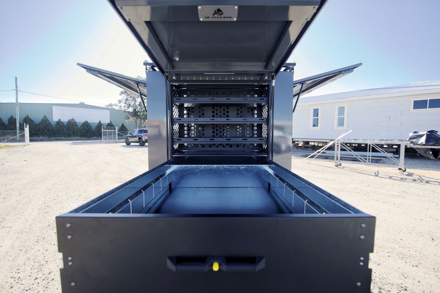 The open drawer system of the main canopy of the builders trailer.