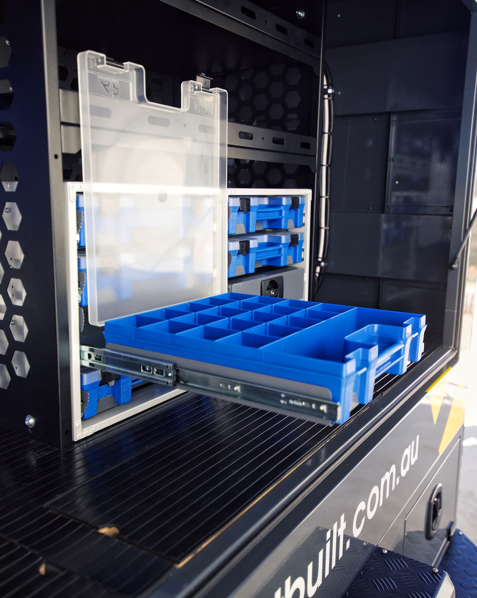 The custom parts storage for the Builders Trailer.