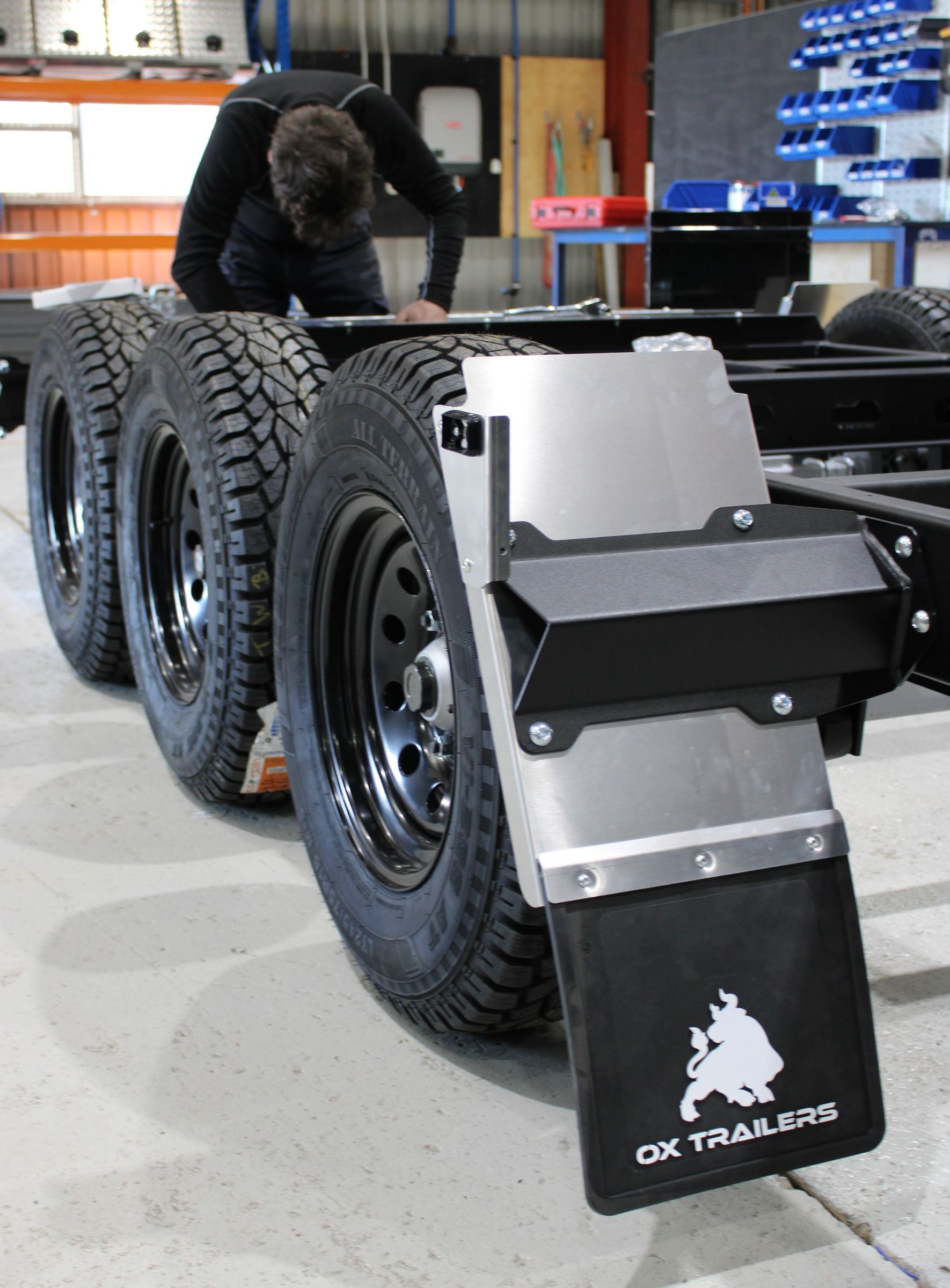 Tri-Axle Trailer in workshop getting fitted with Maxxis Razr All Terrain Tyres